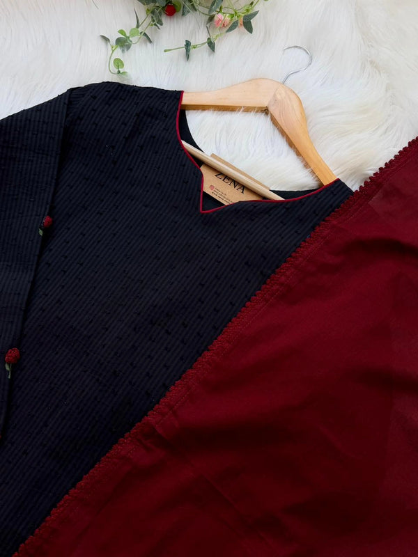 ✨ Pure Cotton Striped Hand-Embroidered French Knot Kurti Set ✨