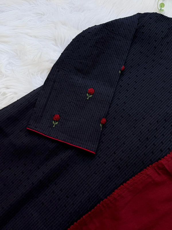 ✨ Pure Cotton Striped Hand-Embroidered French Knot Kurti Set ✨