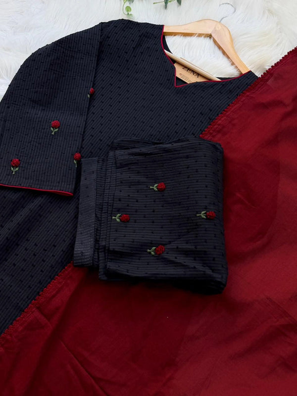 ✨ Pure Cotton Striped Hand-Embroidered French Knot Kurti Set ✨