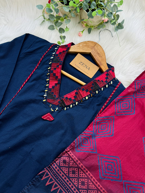 Pure Cotton Embroidered Mirror Work Kurti Set