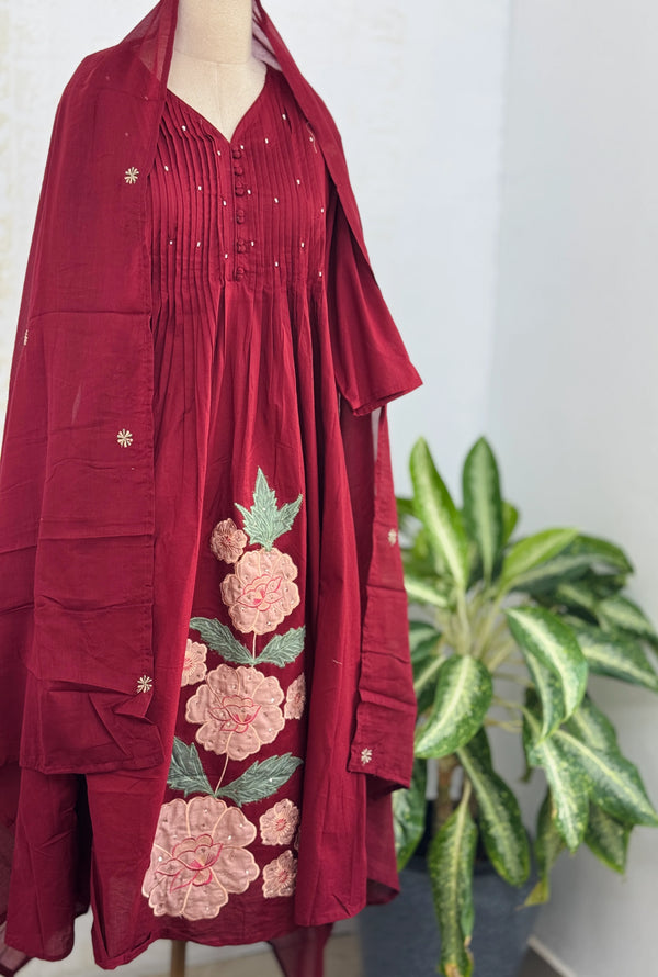 ✨ Pure Cotton Hand Detailed Anarkali Set – Appliqué Work ✨