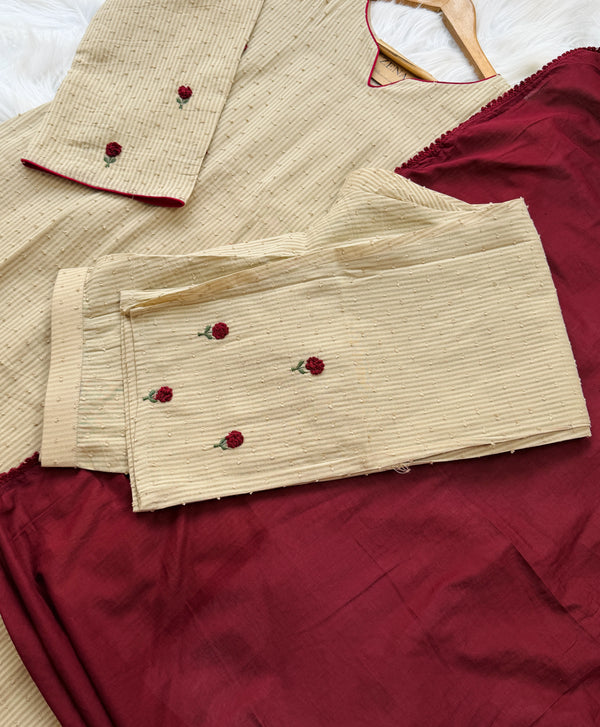 ✨ Pure Cotton Striped Hand-Embroidered French Knot Kurti Set ✨