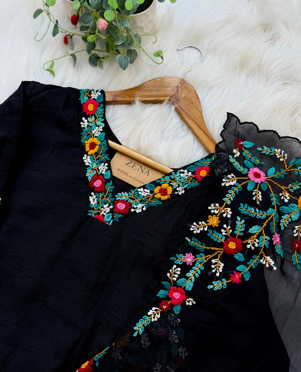 ✨ Pure Dola Silk Embroidered Kurti Set with Organza Dupatta ✨