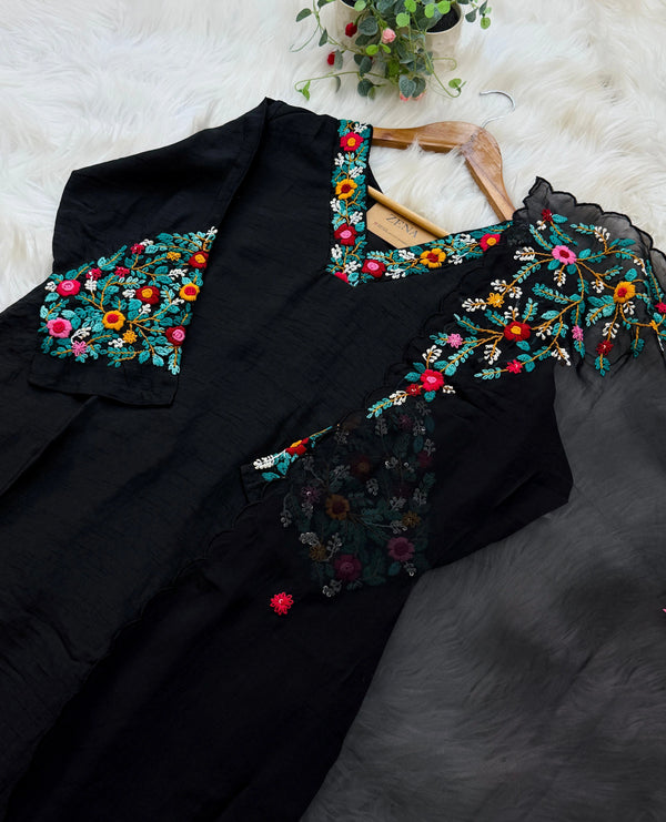 ✨ Pure Dola Silk Embroidered Kurti Set with Organza Dupatta ✨