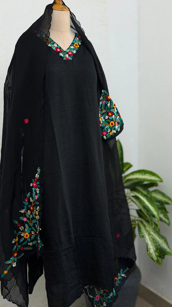 ✨ Pure Dola Silk Embroidered Kurti Set with Organza Dupatta ✨