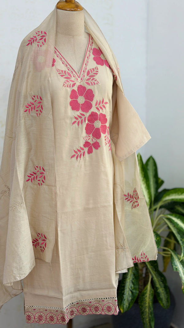 ✨ Roman Silk Appliqué Work A-Line Kurti Set ✨