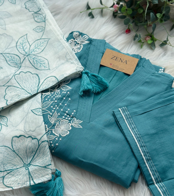 ✨ Modal Mul Chanderi Embroidered Kurti Set ✨