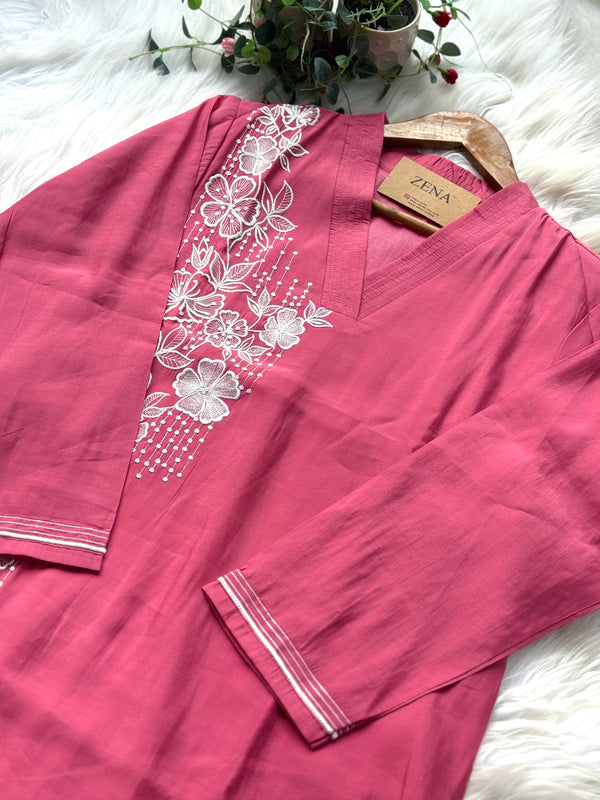 ✨ Modal Mul Chanderi Embroidered Kurti Set ✨