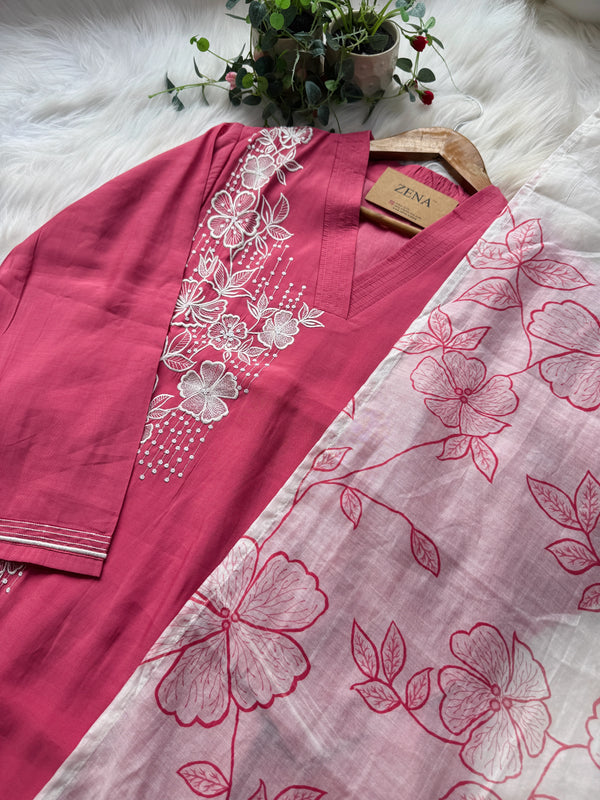 ✨ Modal Mul Chanderi Embroidered Kurti Set ✨