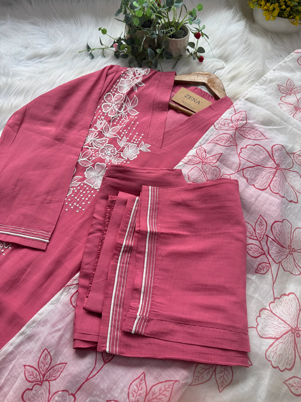 ✨ Modal Mul Chanderi Embroidered Kurti Set ✨