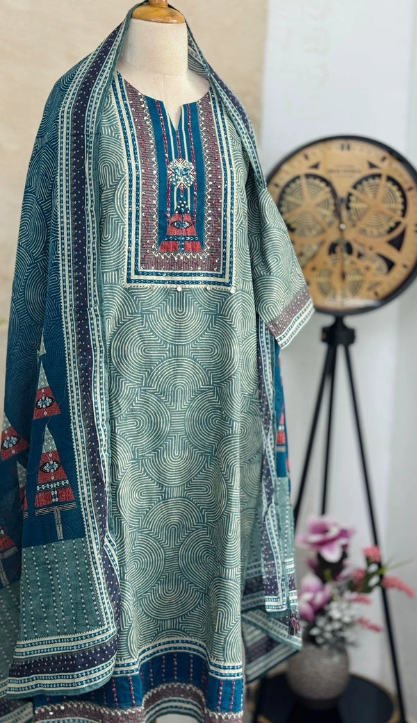 ✨ Cotton Ajhrak Printed Hand Detailed Kurti Set ✨