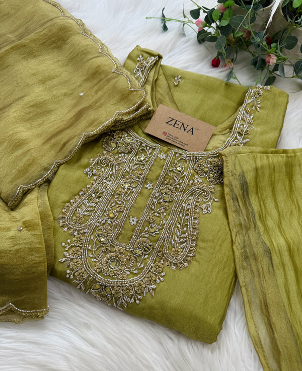 ✨ Premium Crushed Tissue Silk Handwork Suit – Top, Bottom & Dupatta ✨