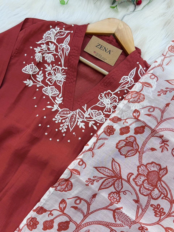 ✨ Modal Mul Chanderi Embroidered Kurti Set ✨