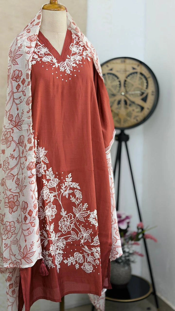 ✨ Modal Mul Chanderi Embroidered Kurti Set ✨