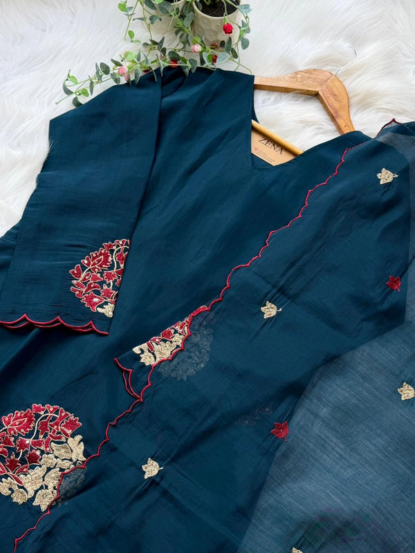✨ Roman Silk Embroidered Partywear Kurti Set ✨
