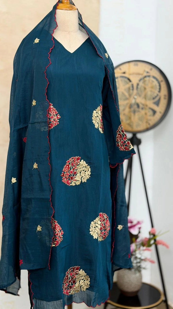 ✨ Roman Silk Embroidered Partywear Kurti Set ✨