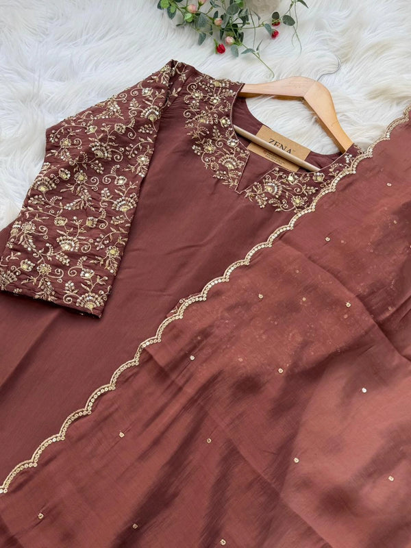 ✨ Glass Chanderi Embroidered Party Wear Kurti Set ✨