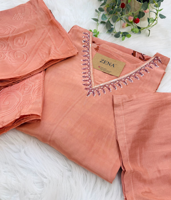 ✨ Mul Chanderi Hand Detailed V-Neck Kurti Set ✨
