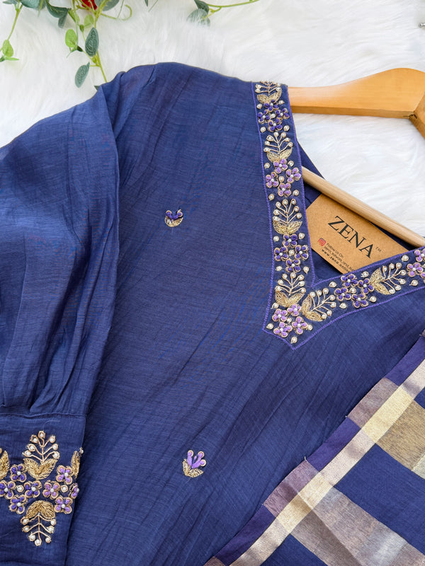 ✨ Mul Chanderi Hand Detailed V-Neck Kurti Set ✨
