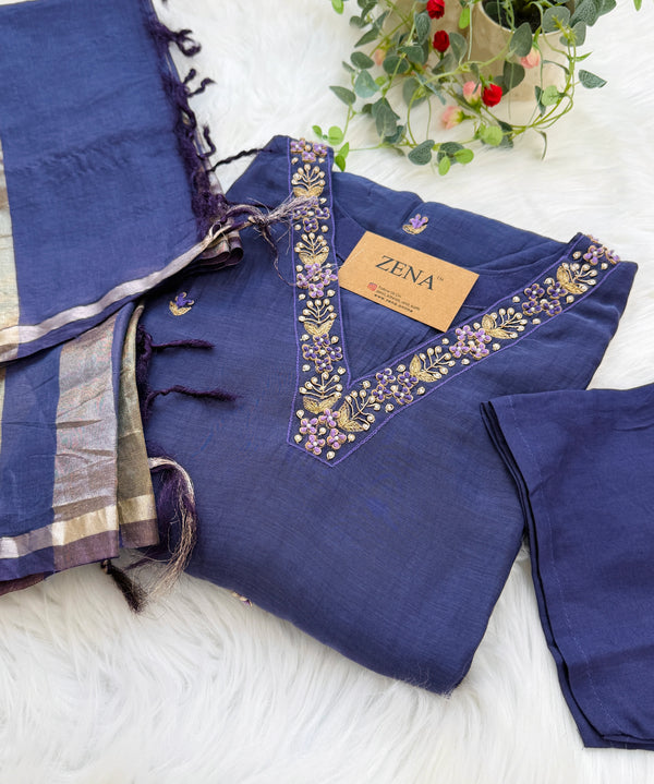 ✨ Mul Chanderi Hand Detailed V-Neck Kurti Set ✨