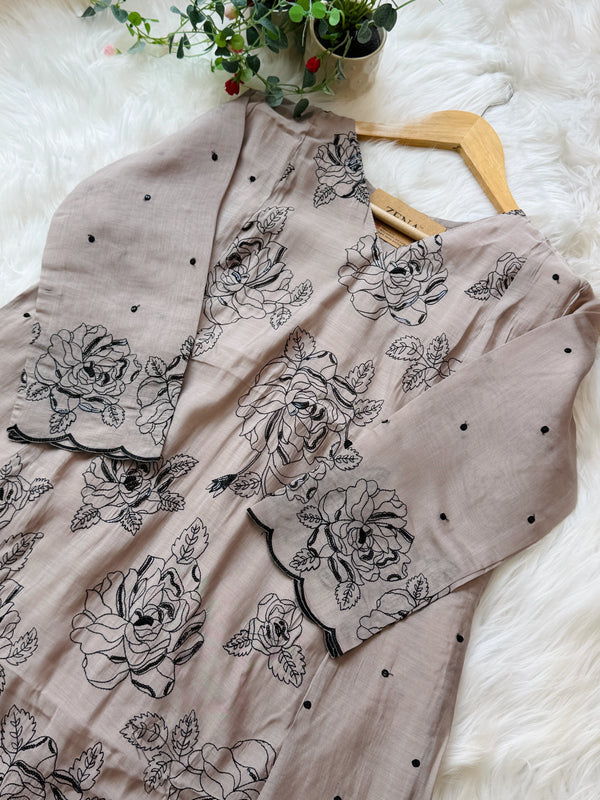 ✨ Glass Chanderi Embroidered A-Line Kurti Set ✨