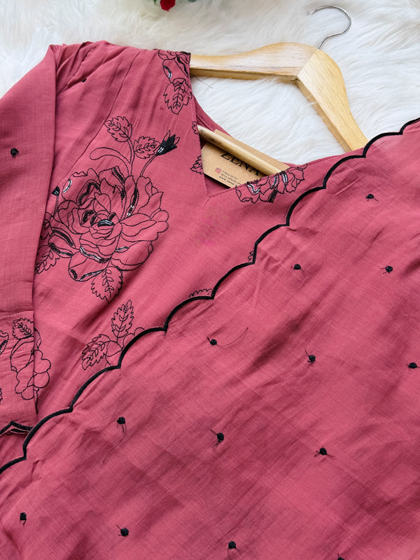 ✨ Glass Chanderi Embroidered A-Line Kurti Set ✨