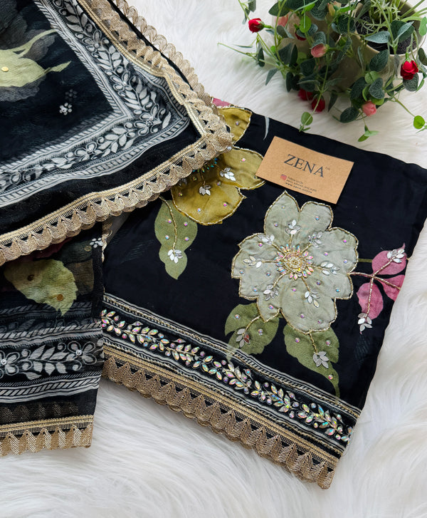 ✨ Premium Crepe Hand Detailed Unstitched Suit ✨