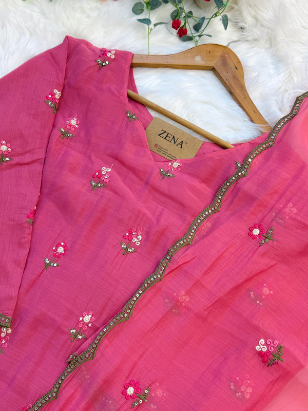 ✨ Glass Chanderi Embroidered A-Line Kurti Set ✨