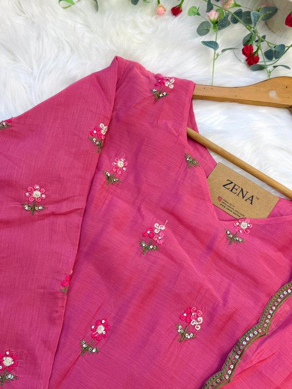 ✨ Glass Chanderi Embroidered A-Line Kurti Set ✨