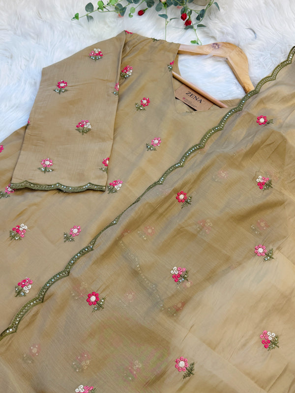 ✨ Glass Chanderi Embroidered A-Line Kurti Set ✨