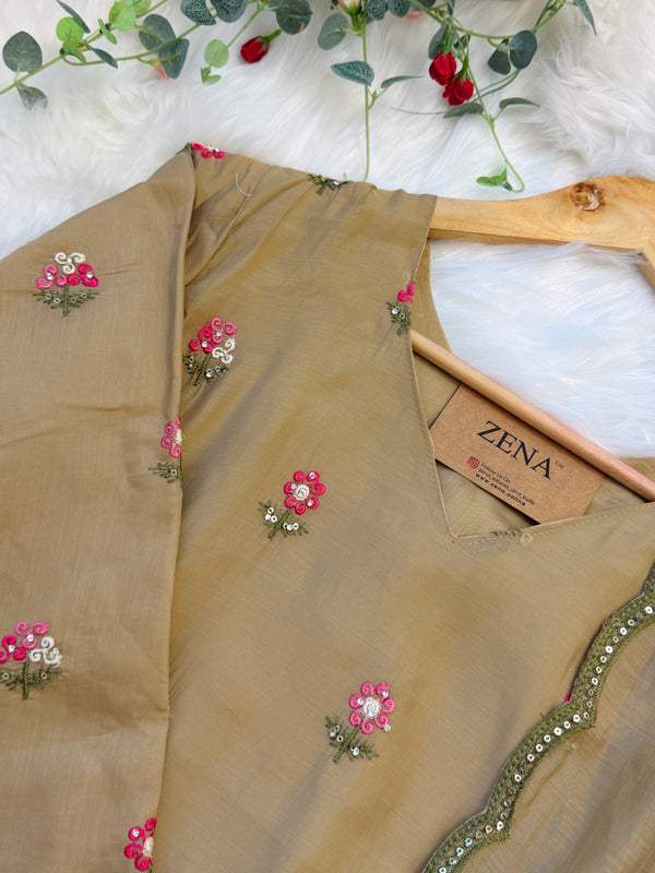✨ Glass Chanderi Embroidered A-Line Kurti Set ✨