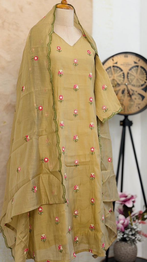 ✨ Glass Chanderi Embroidered A-Line Kurti Set ✨