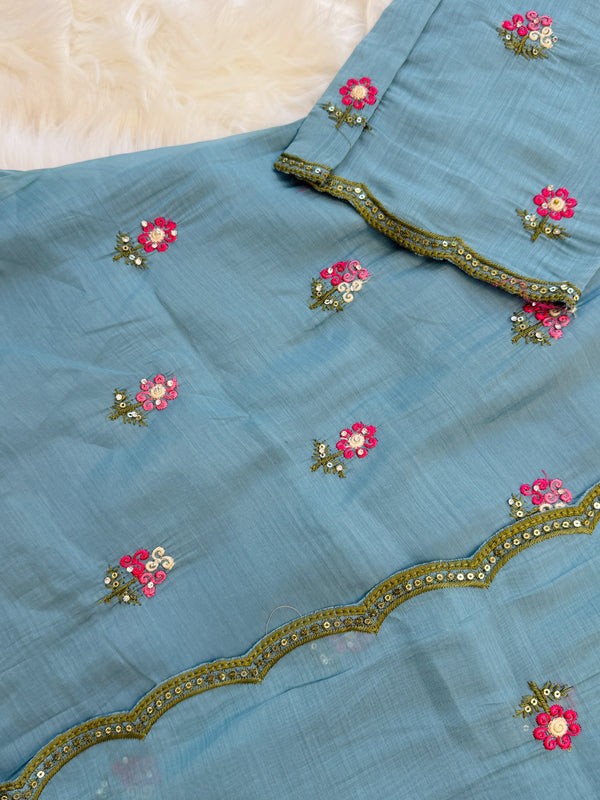 ✨ Glass Chanderi Embroidered A-Line Kurti Set ✨