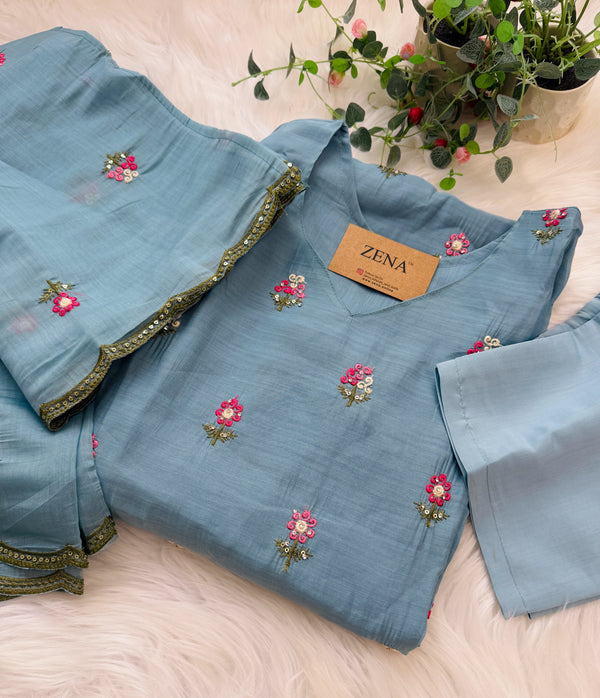 ✨ Glass Chanderi Embroidered A-Line Kurti Set ✨