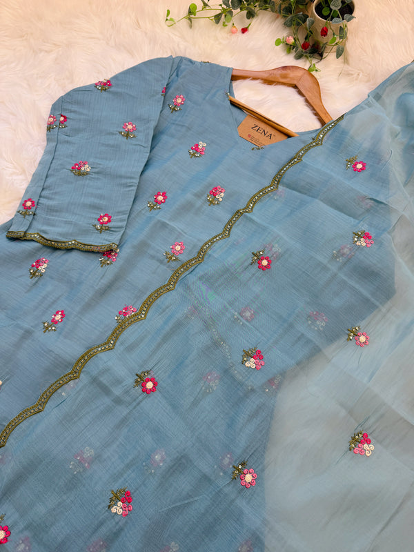 ✨ Glass Chanderi Embroidered A-Line Kurti Set ✨