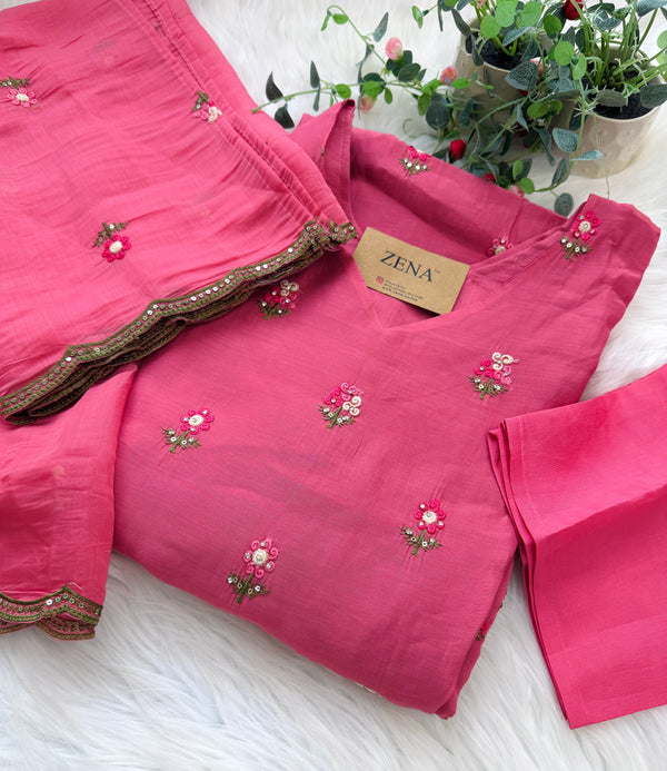 ✨ Glass Chanderi Embroidered A-Line Kurti Set ✨