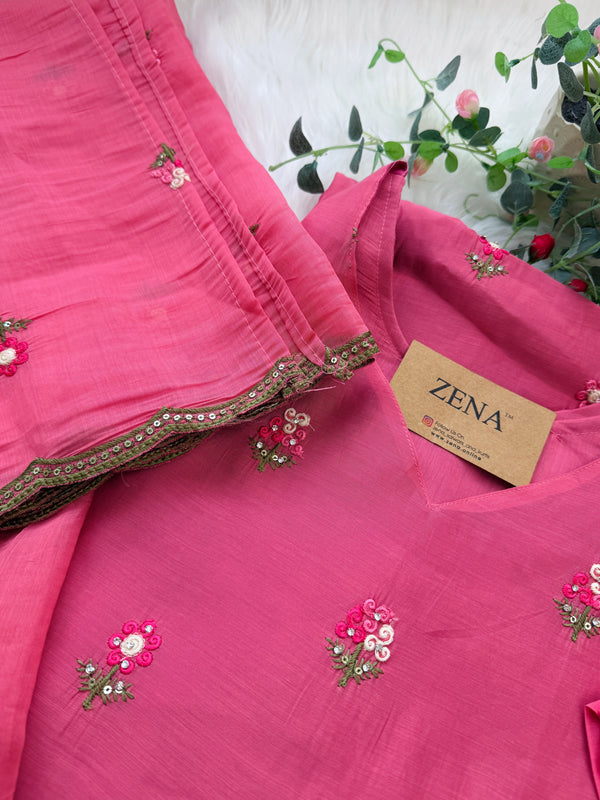 ✨ Glass Chanderi Embroidered A-Line Kurti Set ✨
