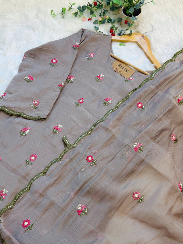 ✨ Glass Chanderi Embroidered A-Line Kurti Set ✨