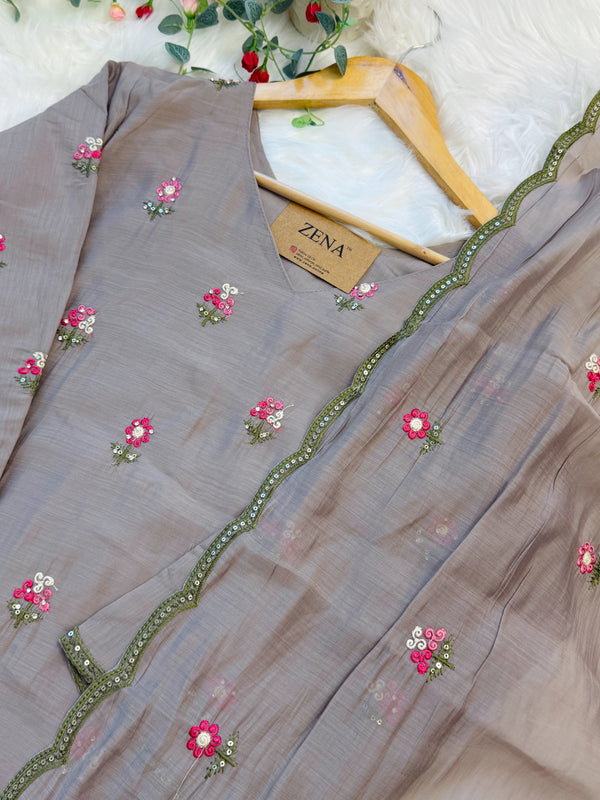 ✨ Glass Chanderi Embroidered A-Line Kurti Set ✨