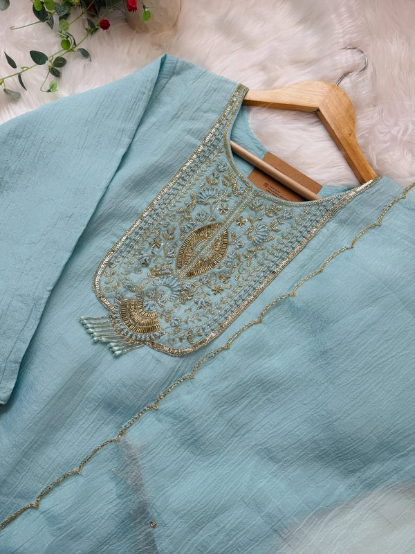 ✨ Crush Silk Handwork Slitted Partywear Kurti Set ✨