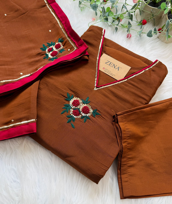 ✨ Premium Glass Chanderi Hand Detailed A-Line Kurti Set ✨