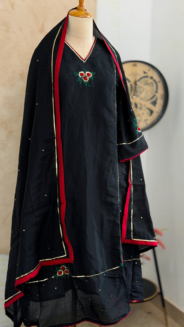 ✨ Premium Glass Chanderi Hand Detailed A-Line Kurti Set ✨