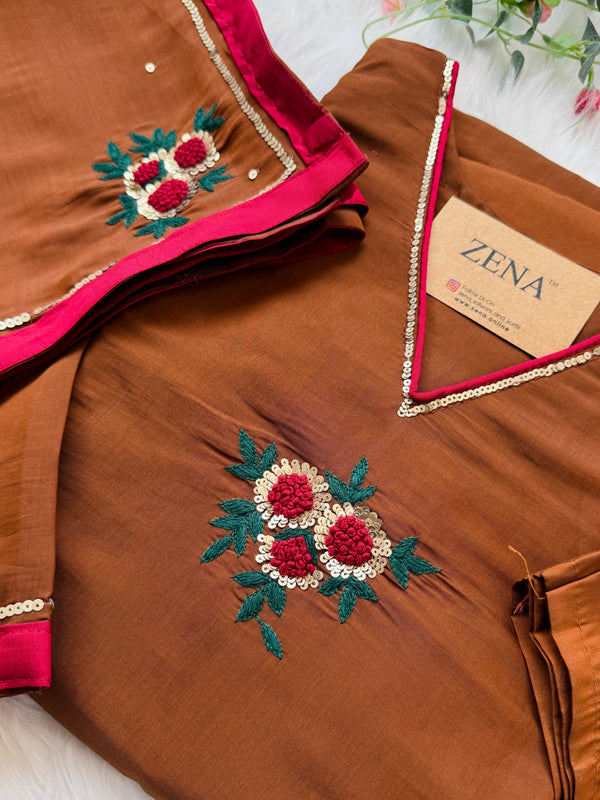 ✨ Premium Glass Chanderi Hand Detailed A-Line Kurti Set ✨