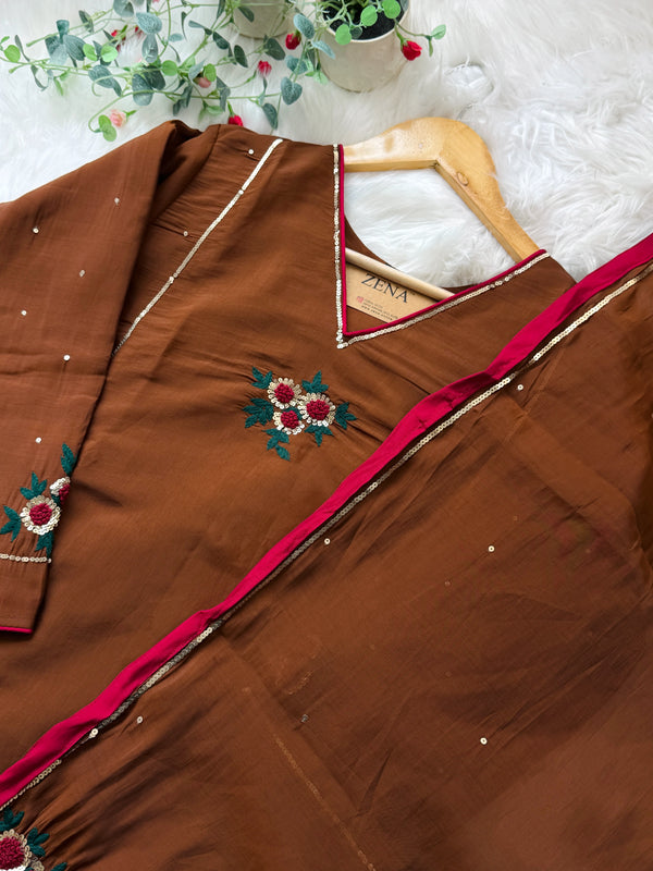 ✨ Premium Glass Chanderi Hand Detailed A-Line Kurti Set ✨