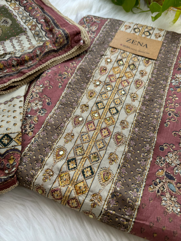 Unstitched Muslin Hand Detailed Pakistani Suit with Real Mirror Work – Elegant Festive Fabric Set