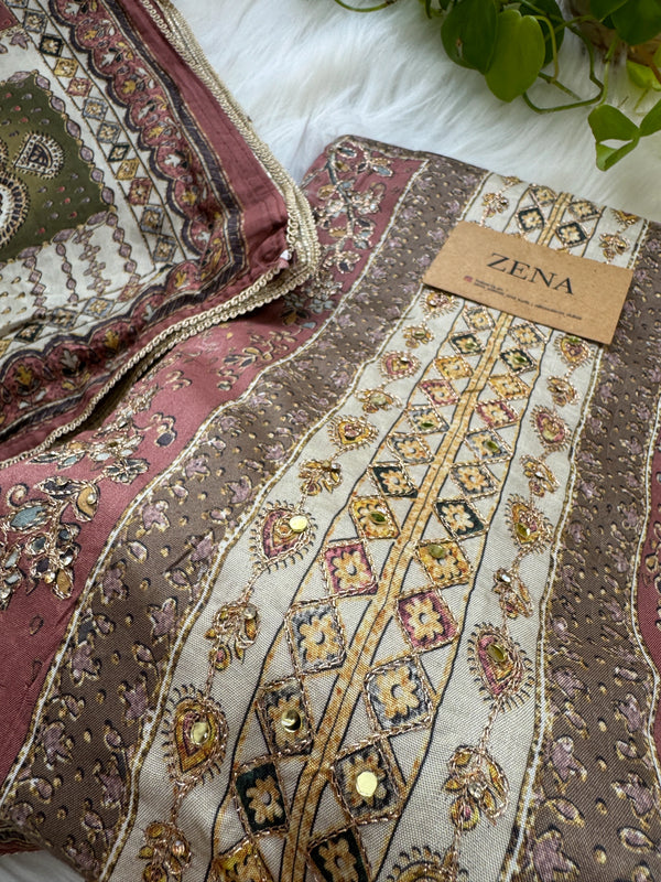 Unstitched Muslin Hand Detailed Pakistani Suit with Real Mirror Work – Elegant Festive Fabric Set