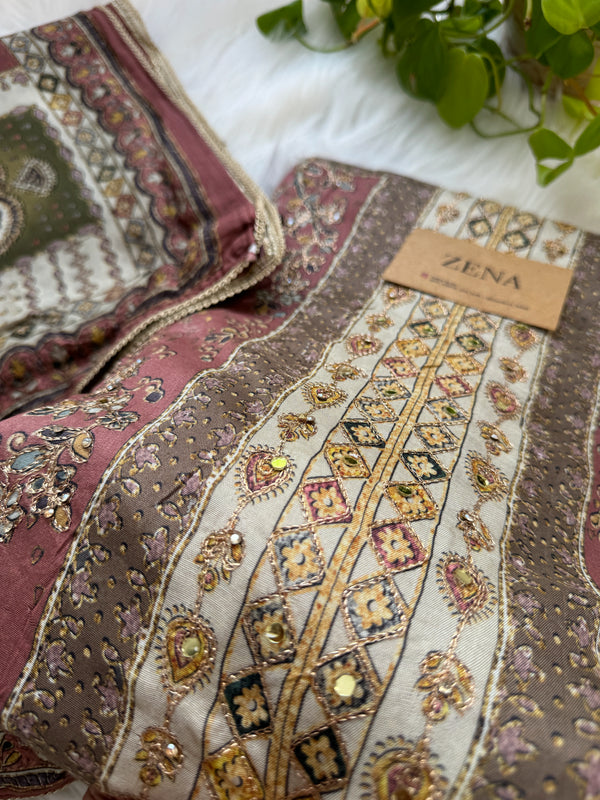 Unstitched Muslin Hand Detailed Pakistani Suit with Real Mirror Work – Elegant Festive Fabric Set
