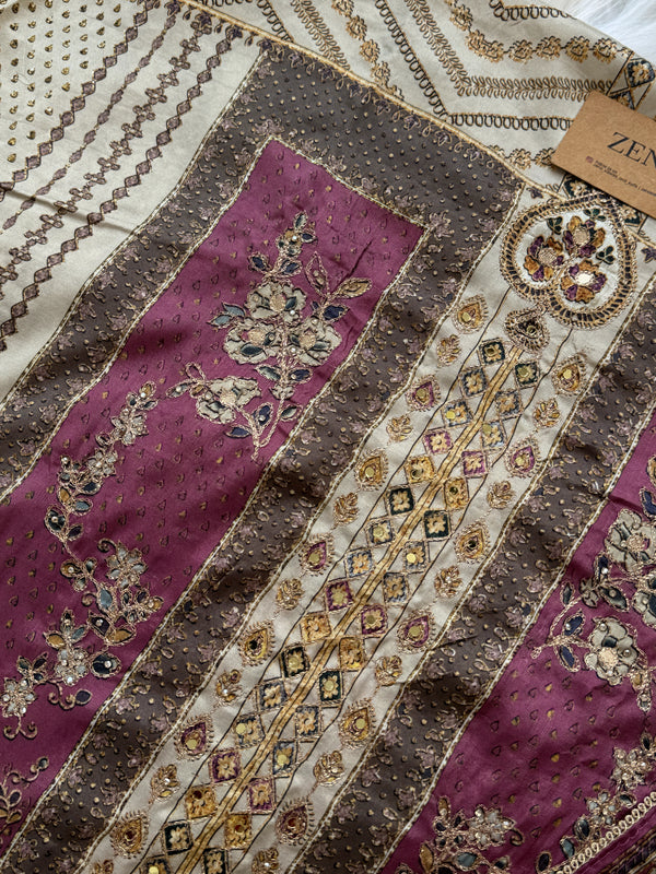 Unstitched Muslin Hand Detailed Pakistani Suit with Real Mirror Work – Elegant Festive Fabric Set