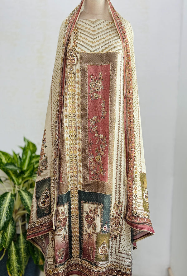 Unstitched Muslin Hand Detailed Pakistani Suit with Real Mirror Work – Elegant Festive Fabric Set