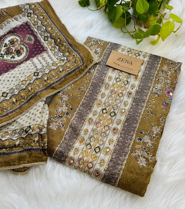 Unstitched Muslin Hand Detailed Pakistani Suit with Real Mirror Work – Elegant Festive Fabric Set